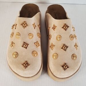 Elegant Beige Embellished Women's Clogs